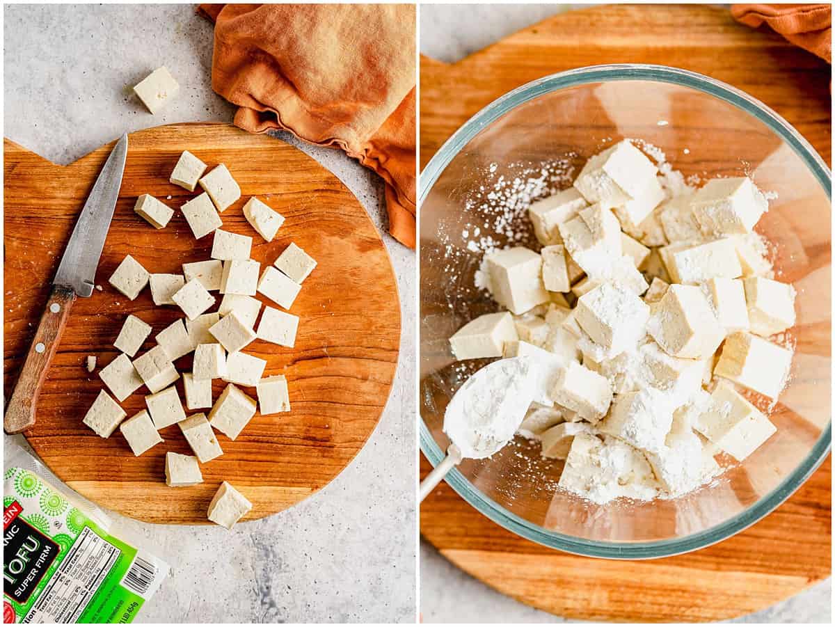 Tofu cubes on a cutting board and the cubes in a glass bowl