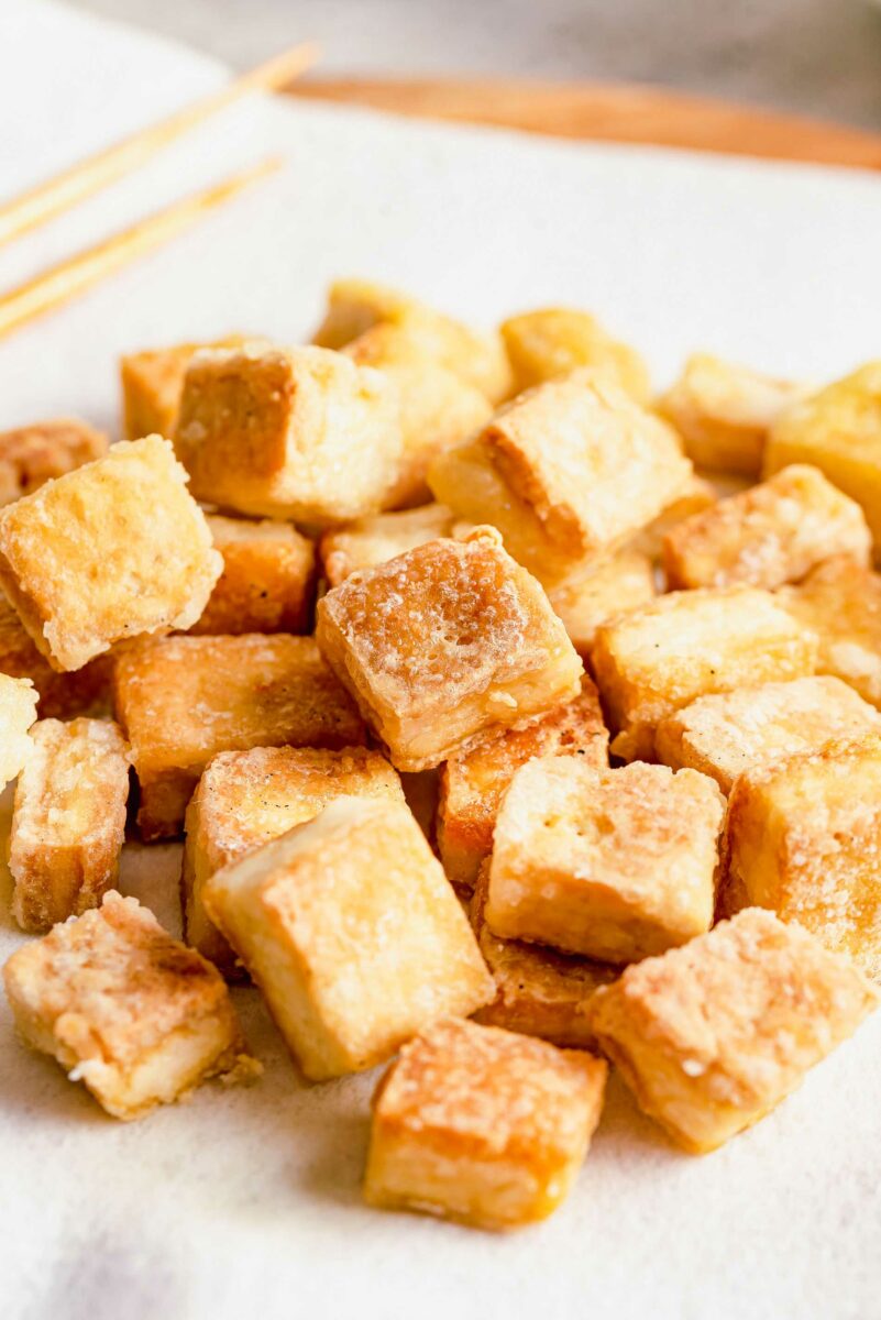 Crispy pieces of tofu on a plate