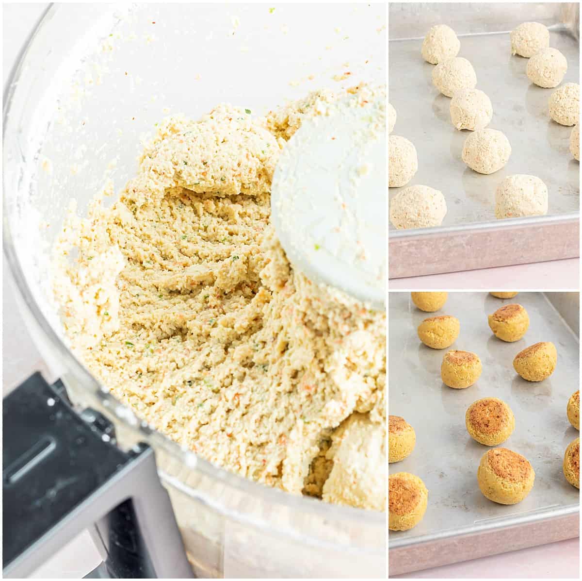 Process photos of tofu meatball mixture in food processor, rolled into balls on baking sheet, and baked