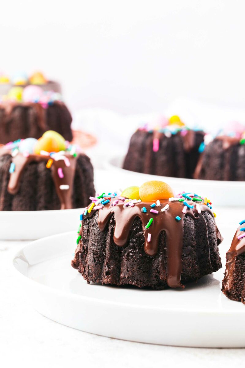 A mini bundt cake has been topped with ganache, sprinkles, and two chocolate eggs. 