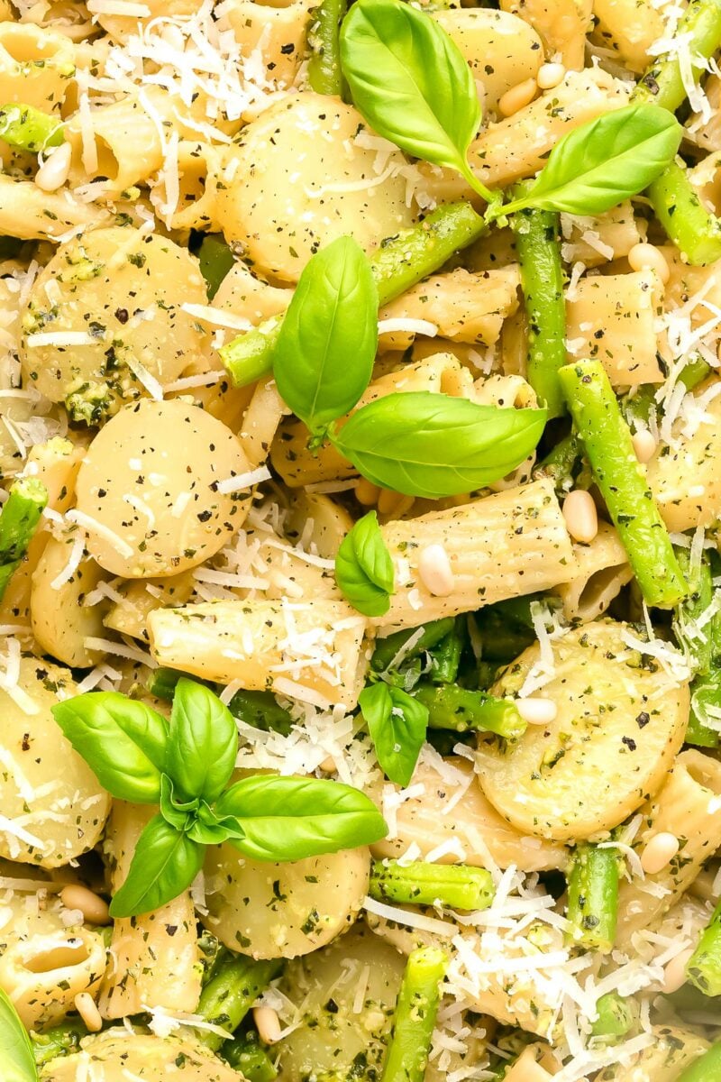 Fresh basil leaves garnish a serving of pesto pasta. 