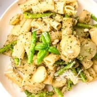 Pine nuts, parmesan, and basil are placed on top of a serving of pesto pasta on a white plate.