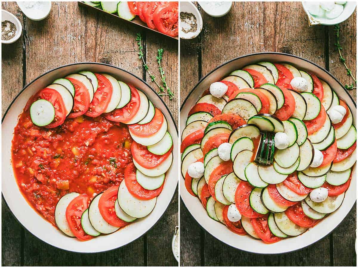 Side-by-side photos demonstrating how to assemble ratatouille
