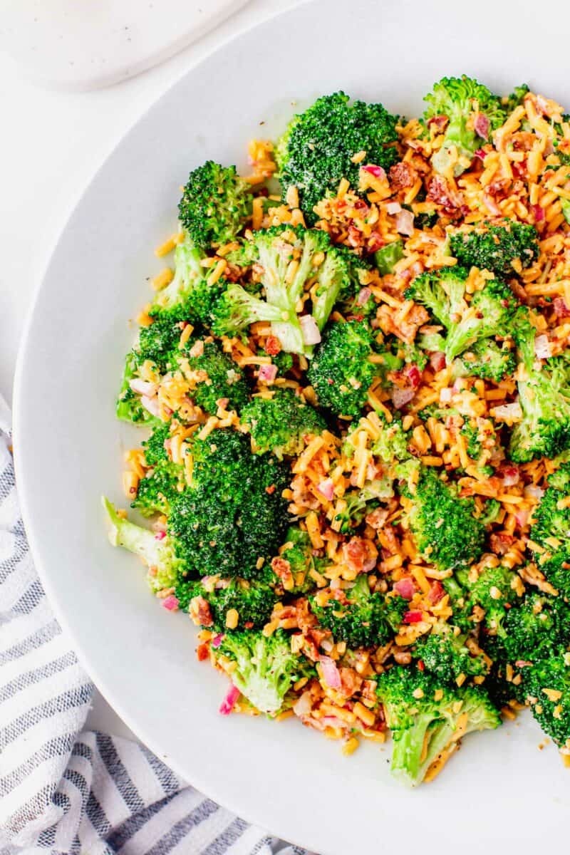 Cheese, bacon, and broccoli are tossed together and plated on a round white plate. 