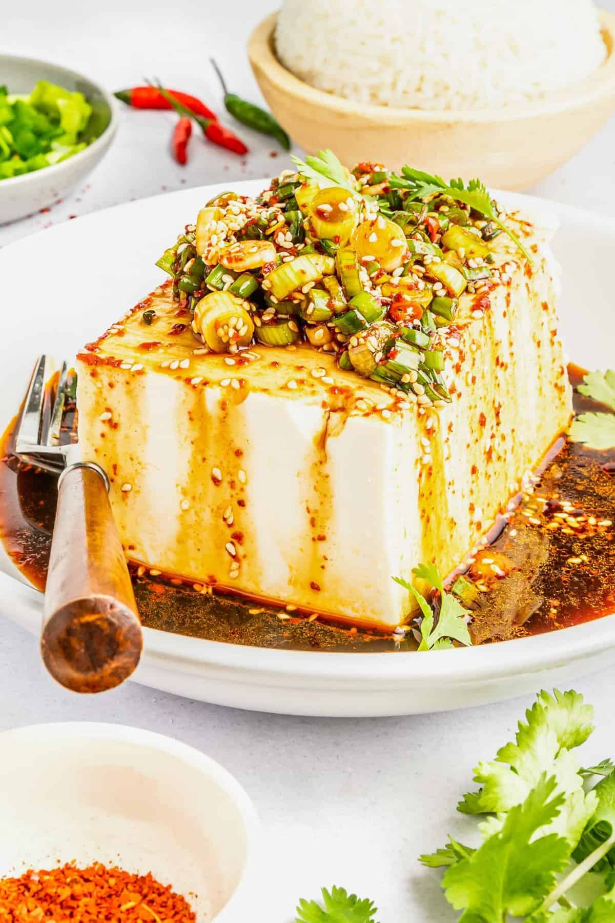 A block of tofu is topped with green onions, cilantro, sesame seeds, and a homemade oil. 