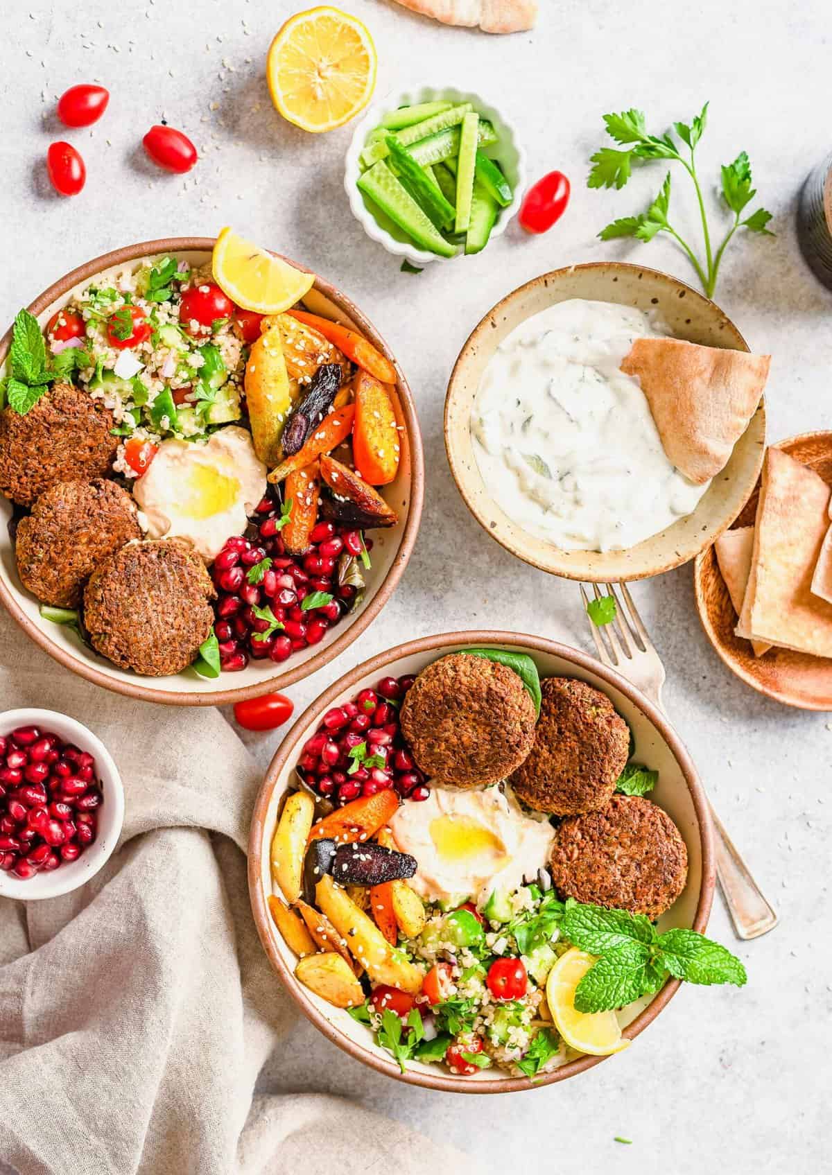 Overhead view of 2 falafel Buddha bowls