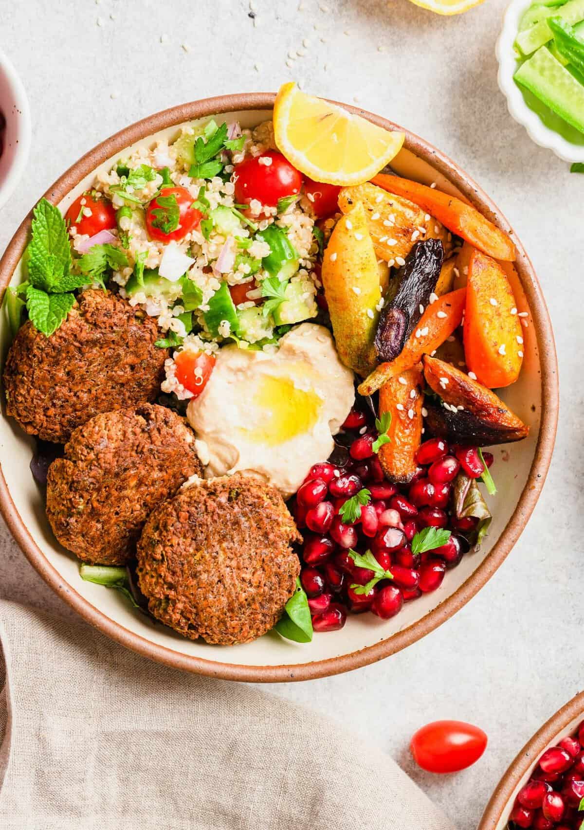 Overhead view of falafel Buddha bowl