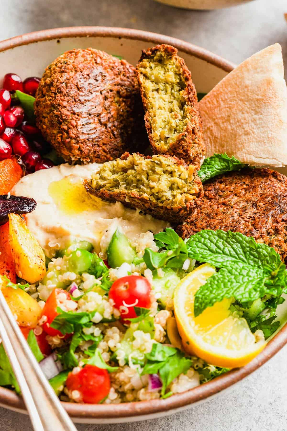 Closeup of falafel Buddha bowl