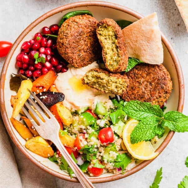 Overhead view of falafel Buddha bowl