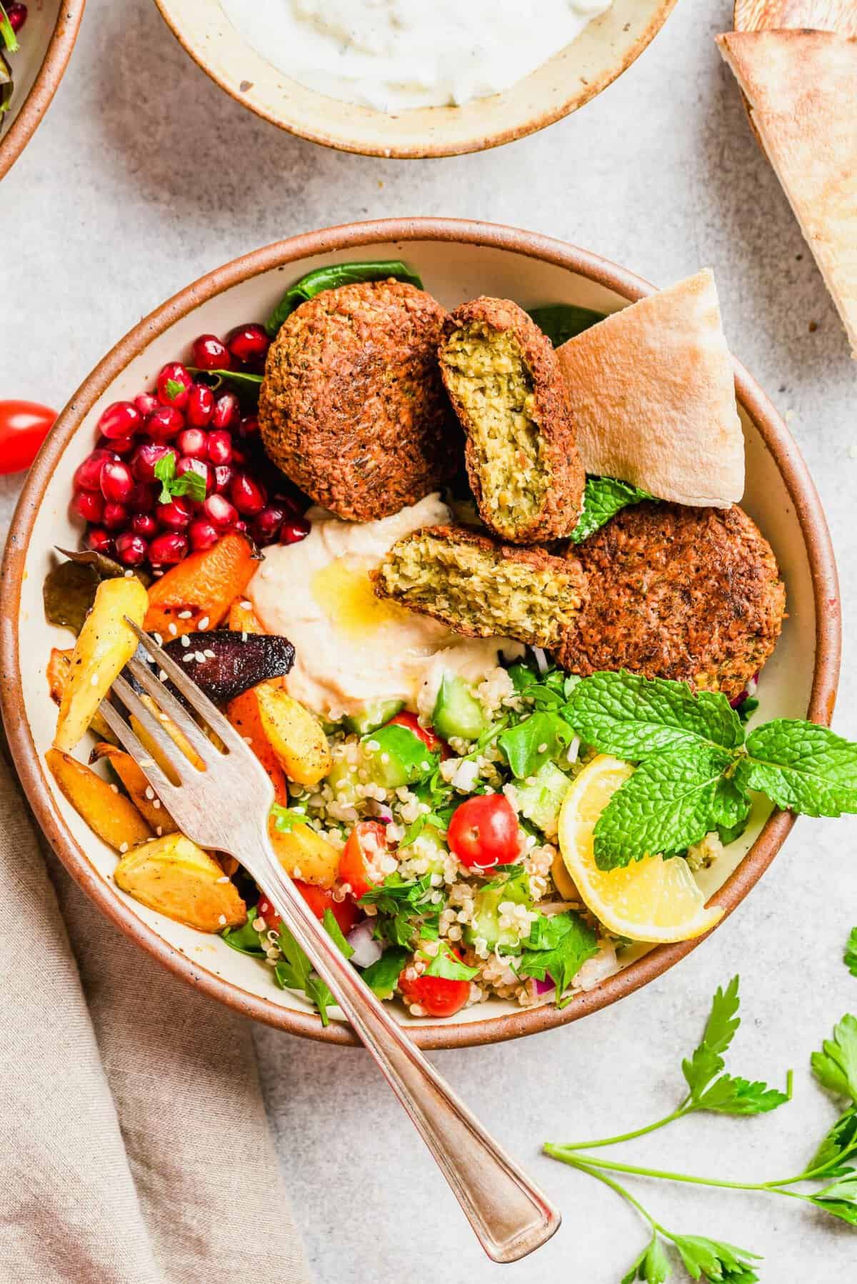 Overhead view of falafel Buddha bowl