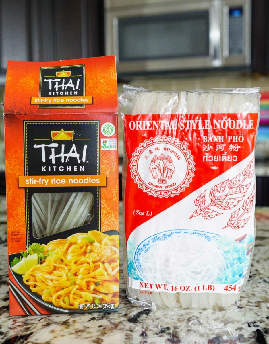 a photograph of a box of rice noodles and a bag of rice noodles