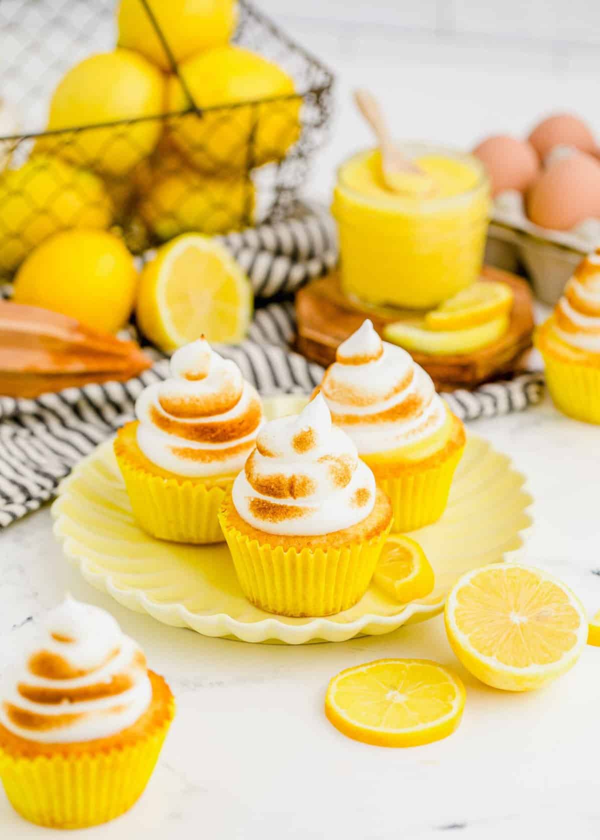 Plate of 3 lemon meringue cupcakes
