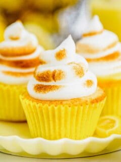 Closeup of lemon meringue cupcakes on plate