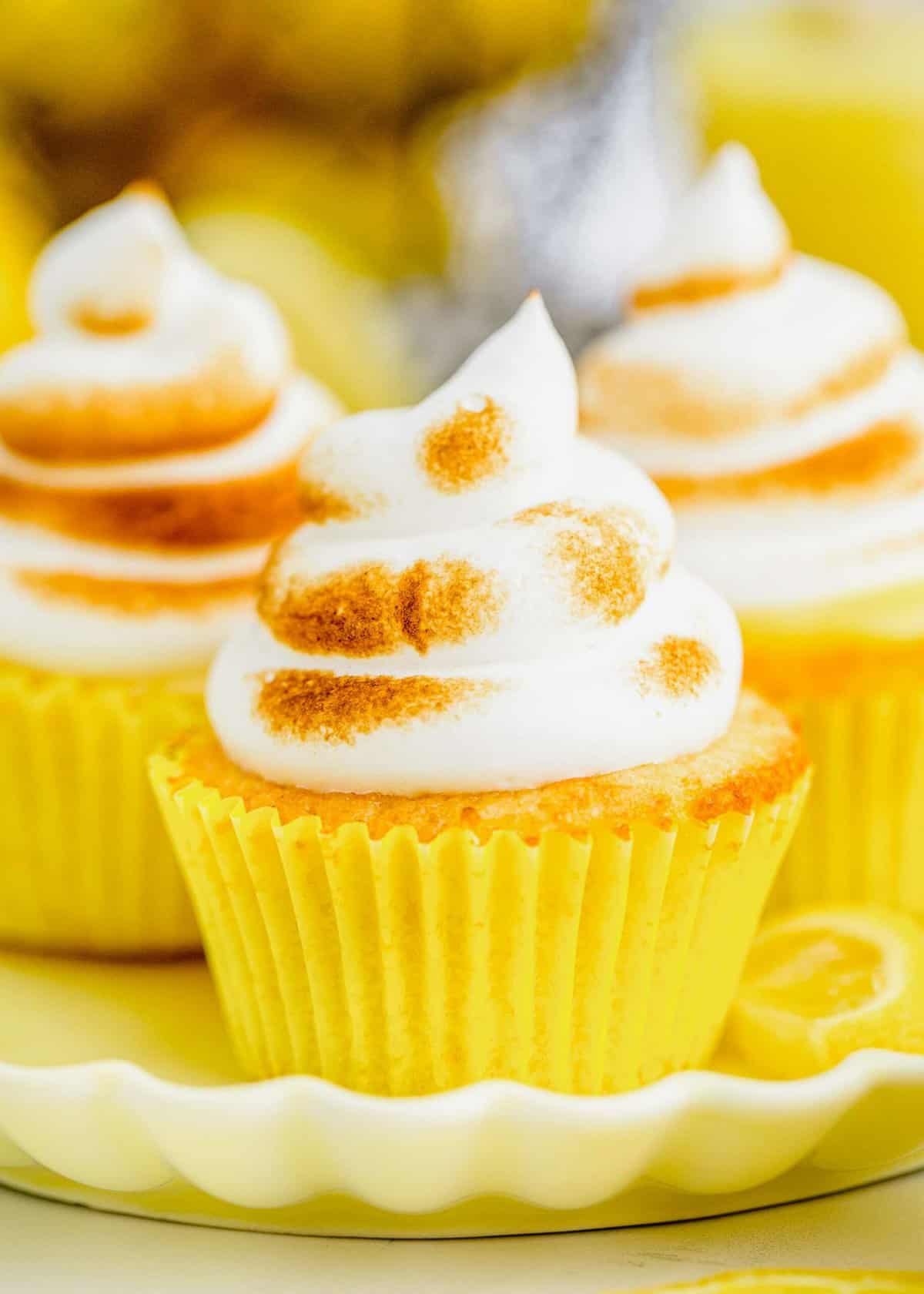 Closeup of lemon meringue cupcakes on plate