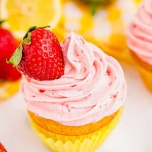 Strawberry lemonade cupcake topped with fresh strawberry