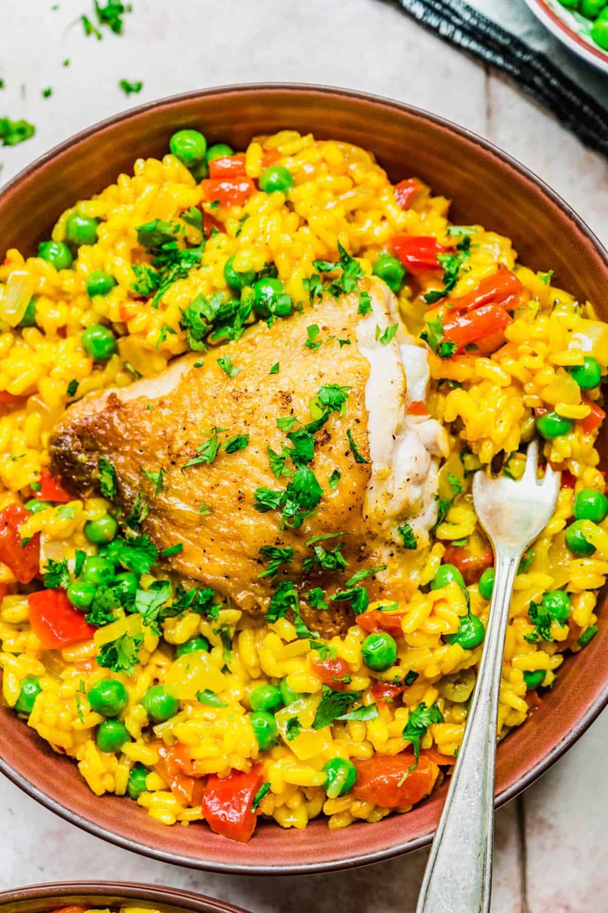 Overhead view of arroz con pollo in bowl with fork