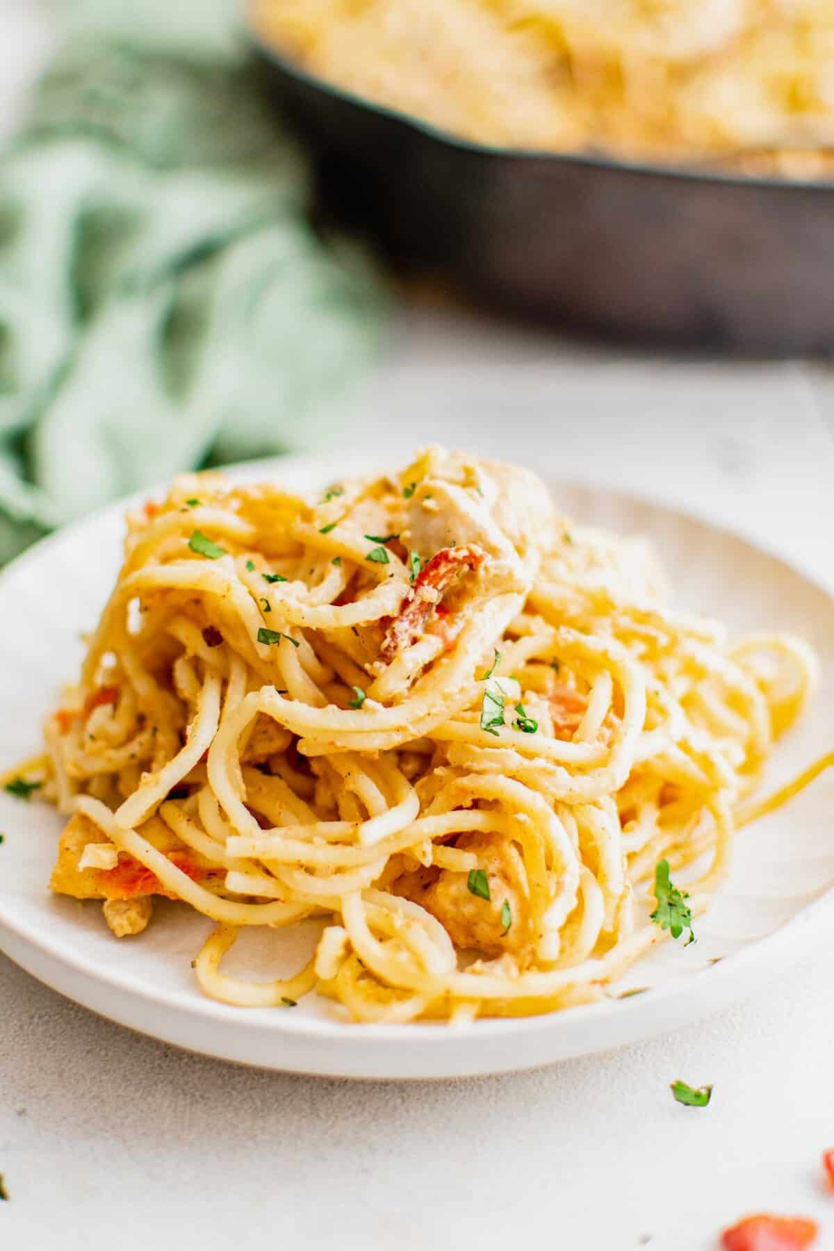 a white plate has chicken spaghetti portioned out on top