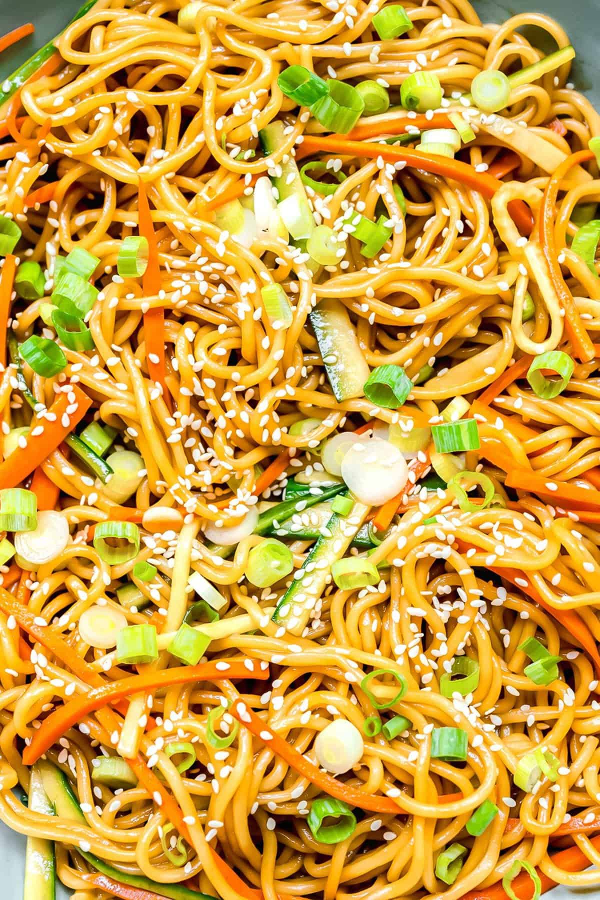 Closeup of cold sesame noodles with sesame seeds and scallions