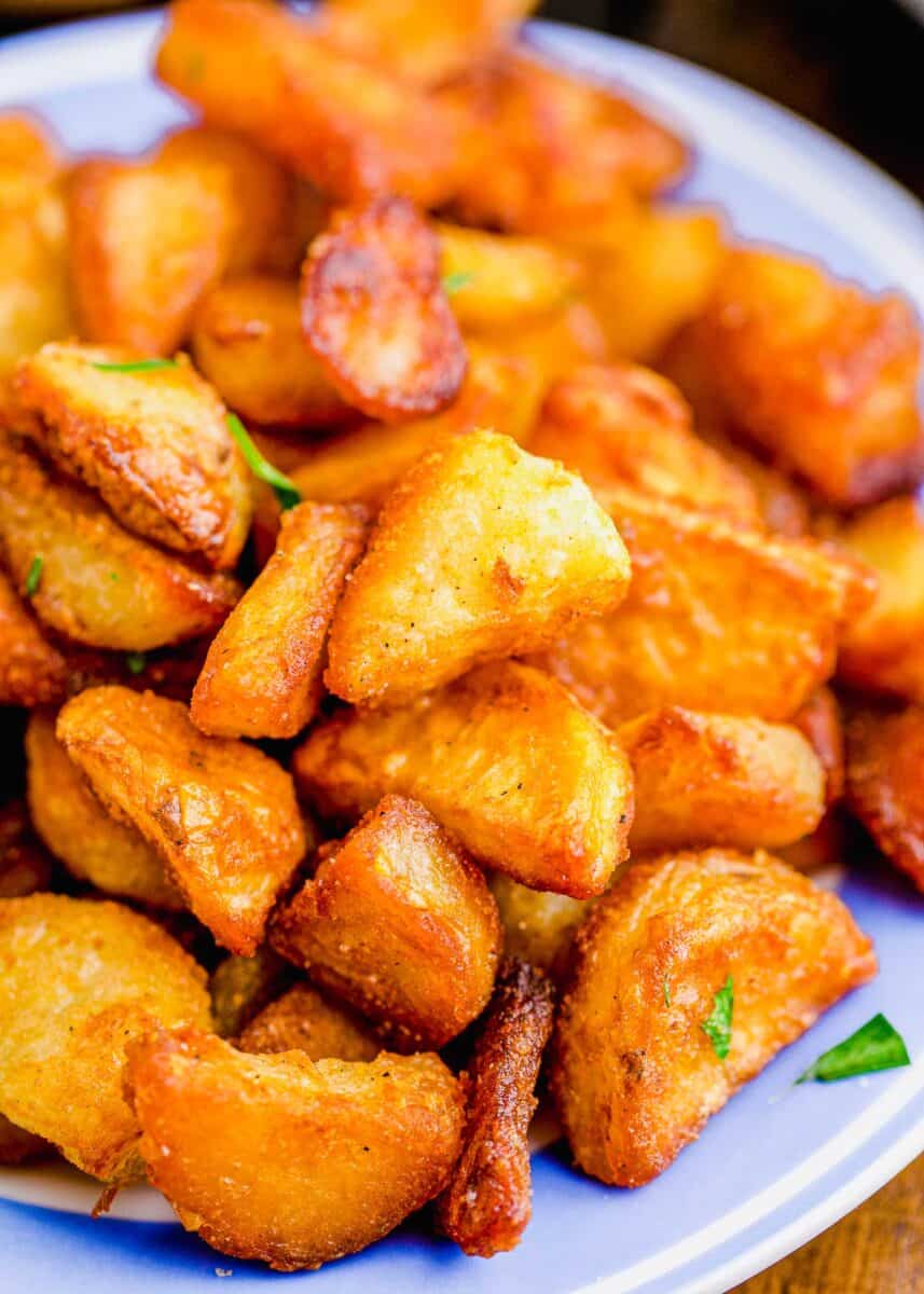 macro shot of duck fat potatoes to show texture and crispy exterior