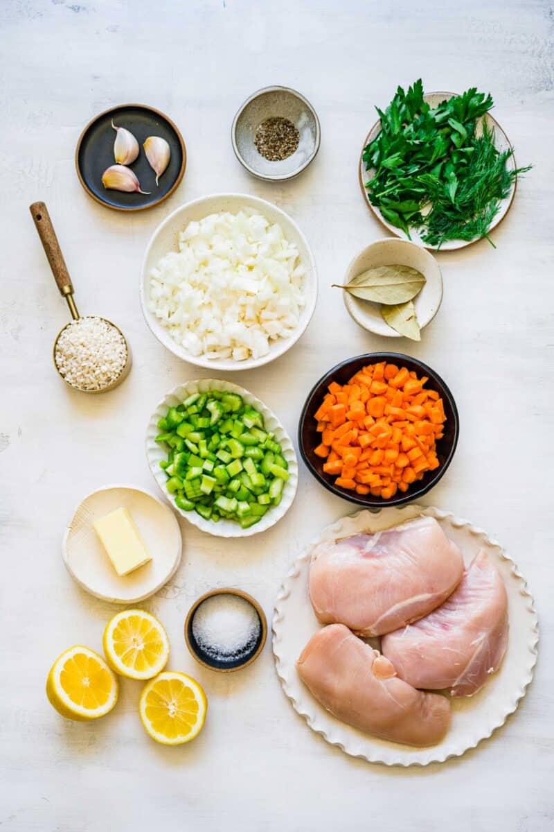 overhead shot of ingredients to make lemon chicken rice soup