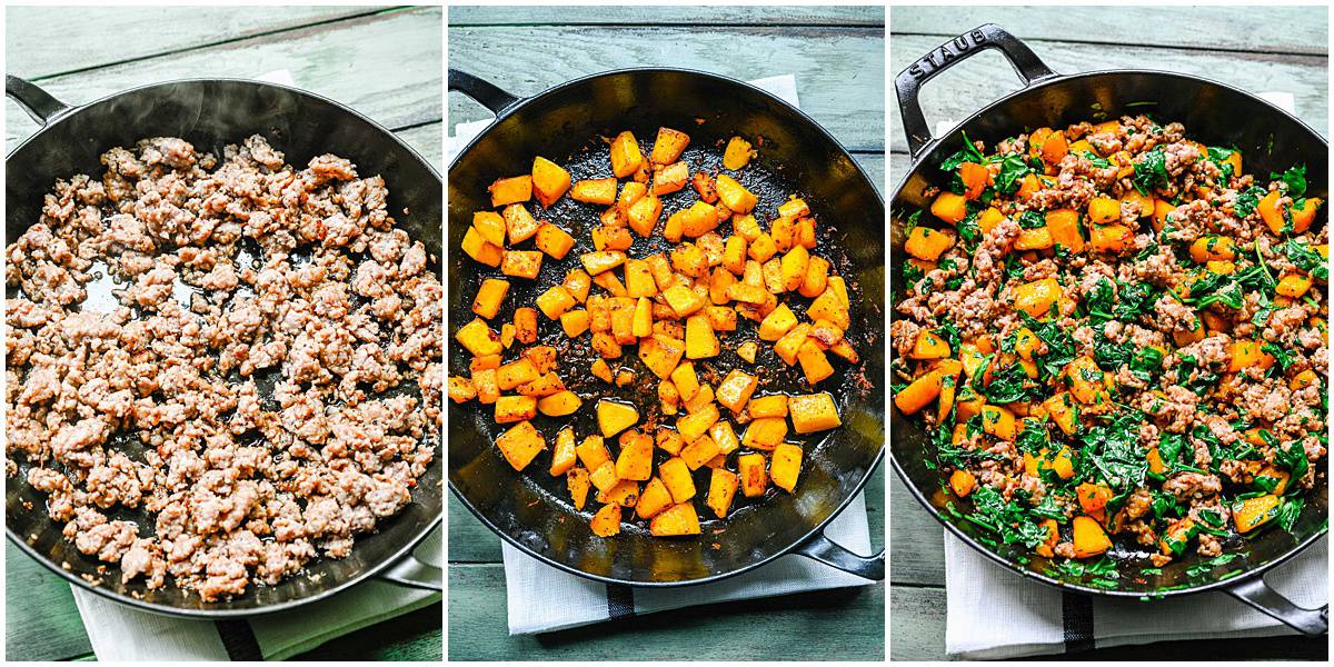 L to R: browning sausage in a skillet, using the pan drippings of the sausage to cook cubed pumpkin, adding the pumpkin and sausage back into the skillet with the kale leaves