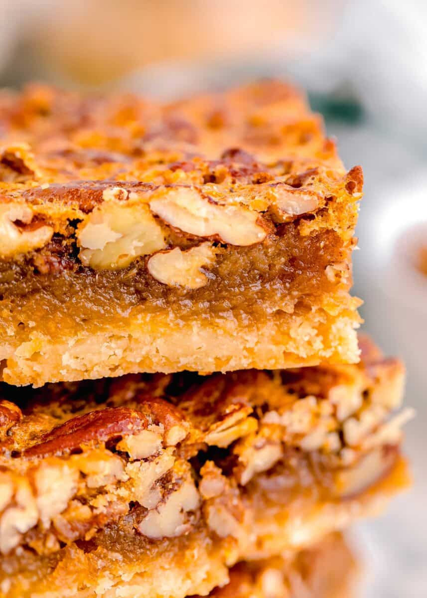 up close shot of the insides of pecan pie bars