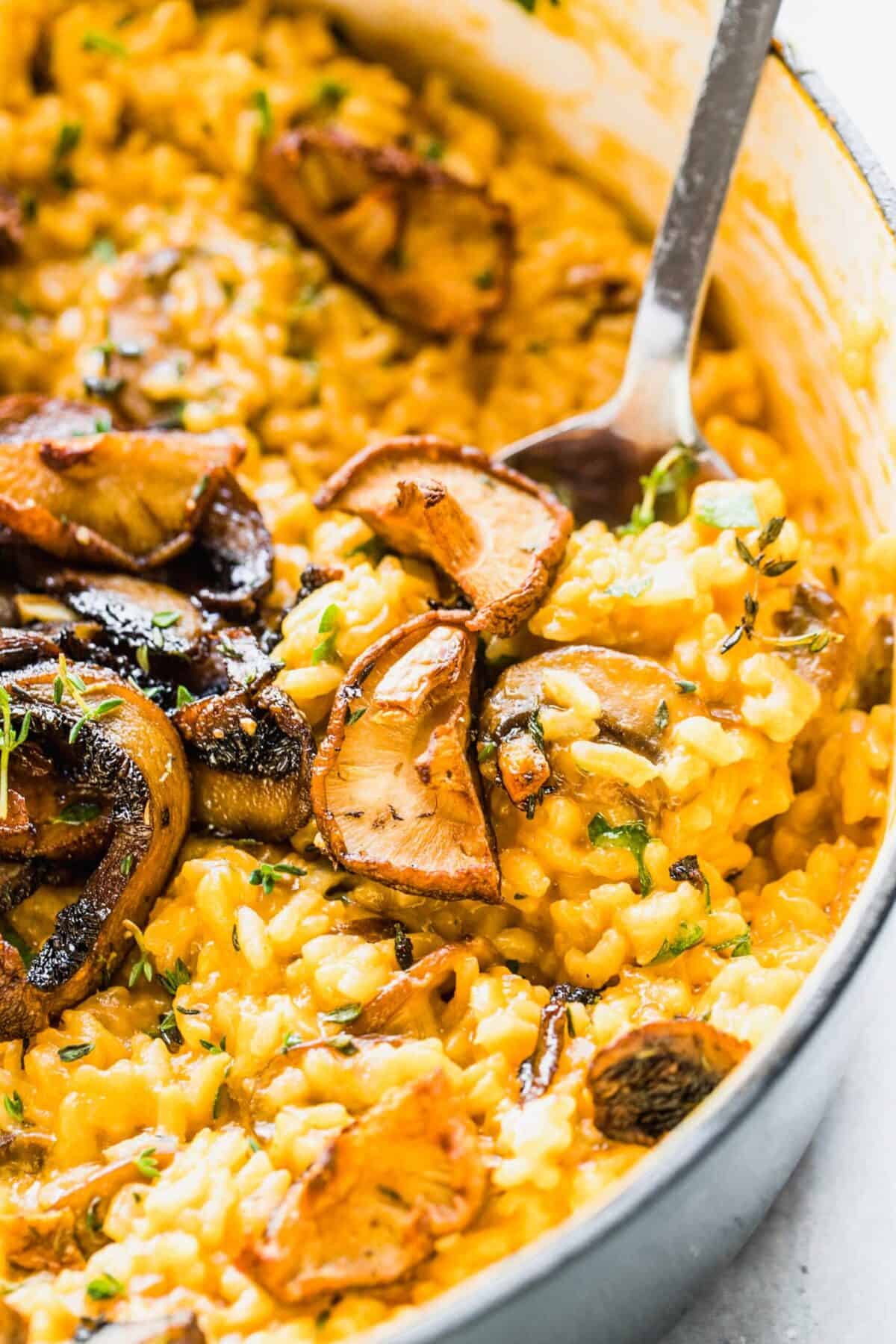 Close up of a pan of risotto with mushrooms on top, with a serving spoon in it