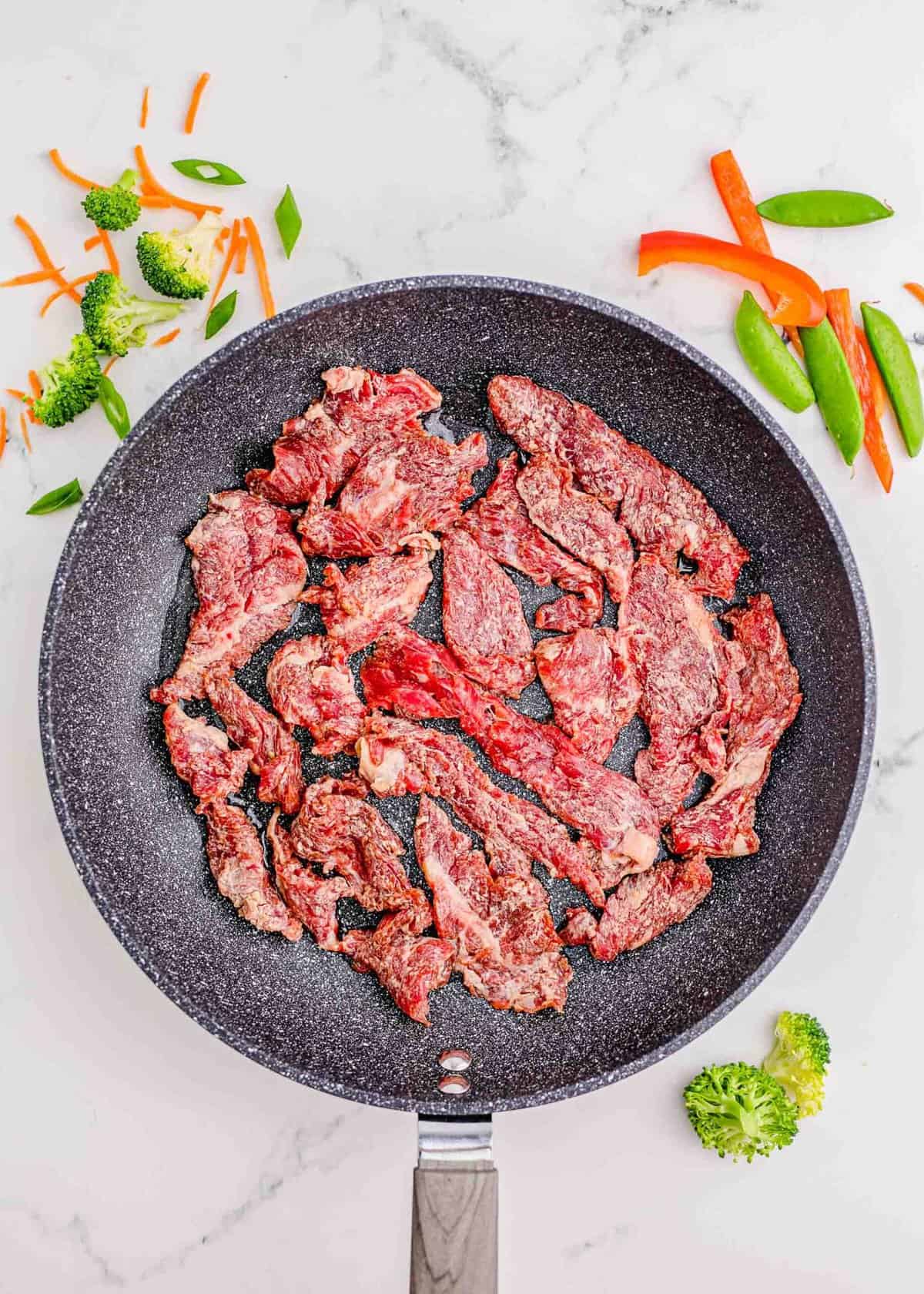 beef slices being cooked in a grey nonstick skillet with vegetable oil