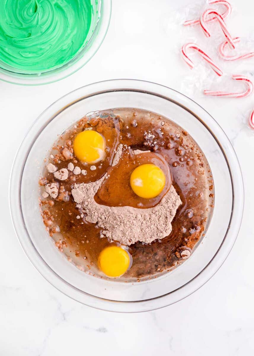 brownie mix, eggs, and oil in a clear bowl