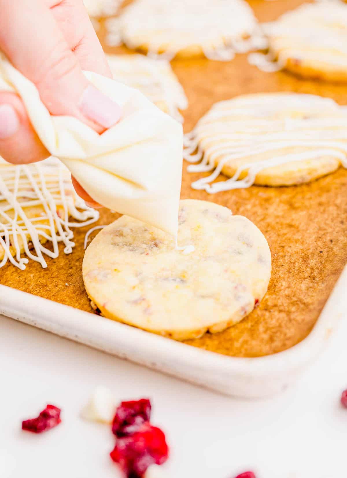 squeezing white chocolate drizzle on top of a cranberry orange shortbread cookie