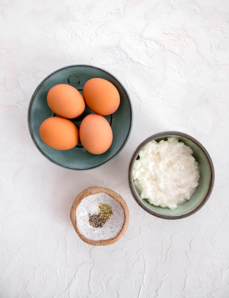 ingredients for instant pot egg bites: eggs, cottage cheese, salt, pepper, and onion salt