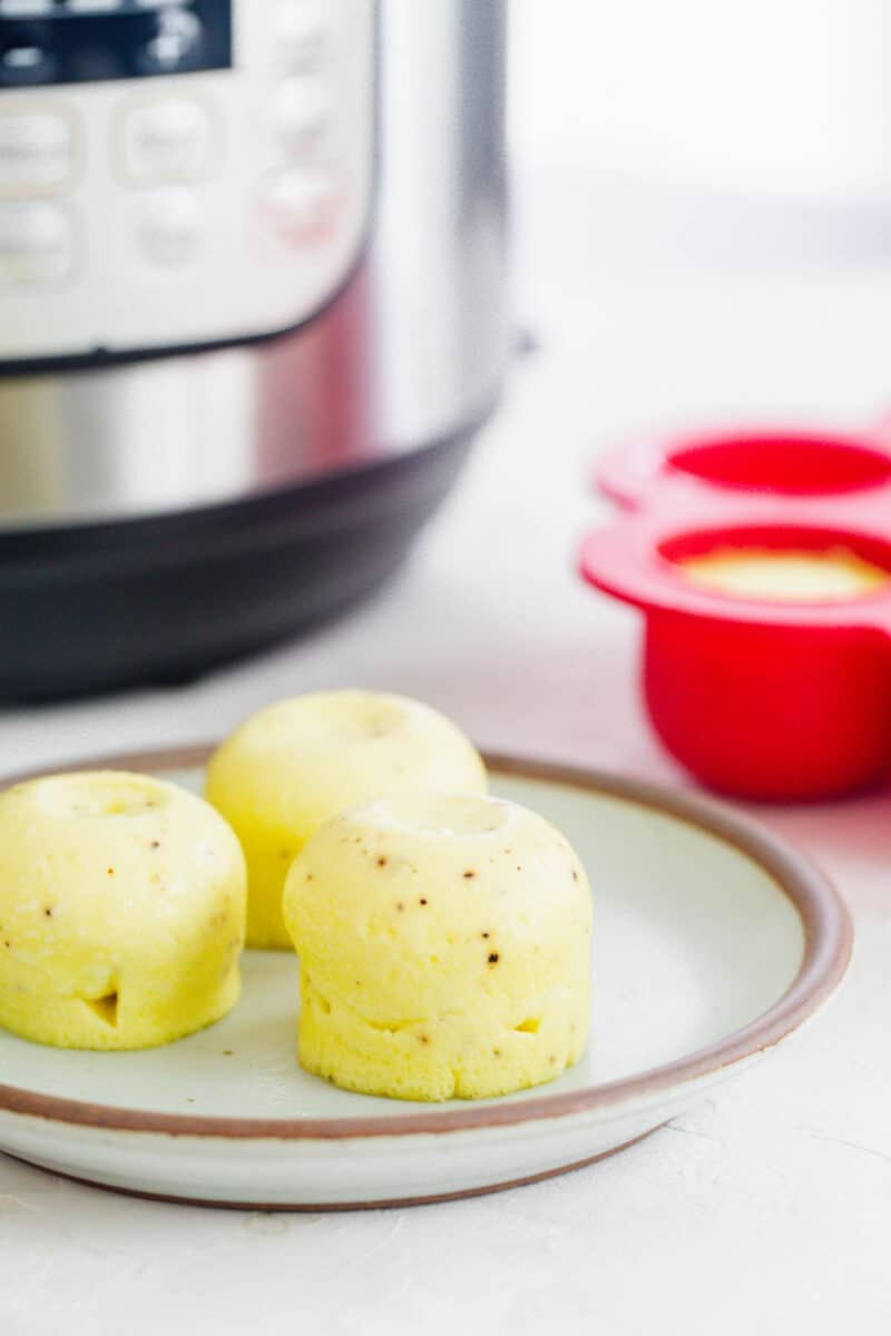 instant pot egg bites on a ceramic grey and brown rimmed plate in front of the instant pot and next to the red egg mold