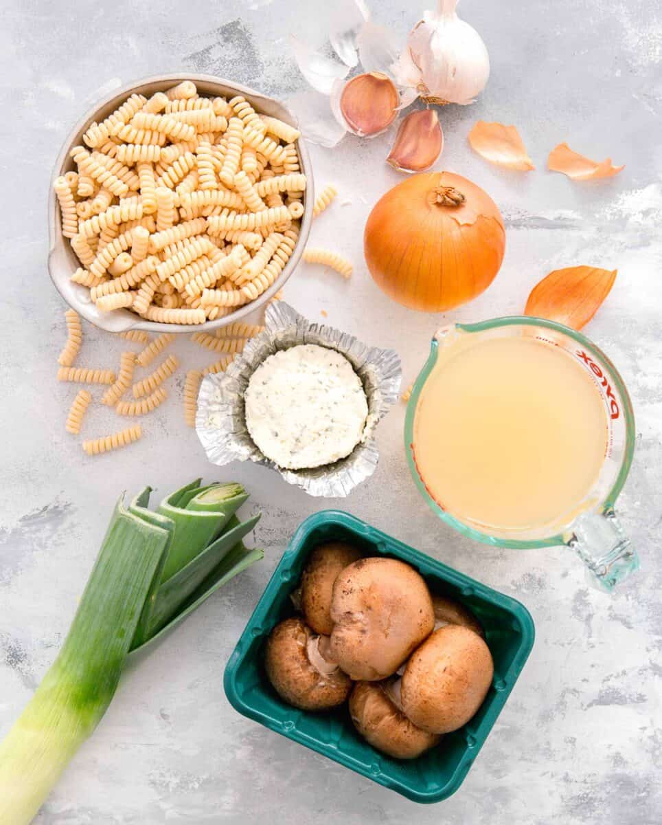 ingredients for mushroom and leek pasta: pasta, garlic, onion, chicken broth, mushrooms, leek, boursin cheese