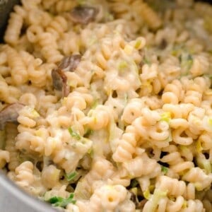 up close image of spiral pasta with creamy boursin cheese throughout