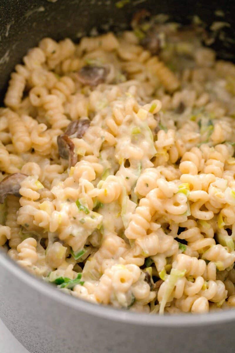 up close image of spiral pasta with creamy boursin cheese throughout