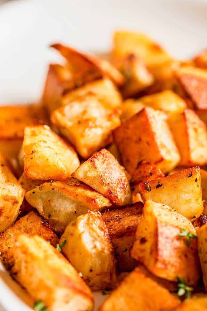 up close image of roasted potatoes and their crispy exterior