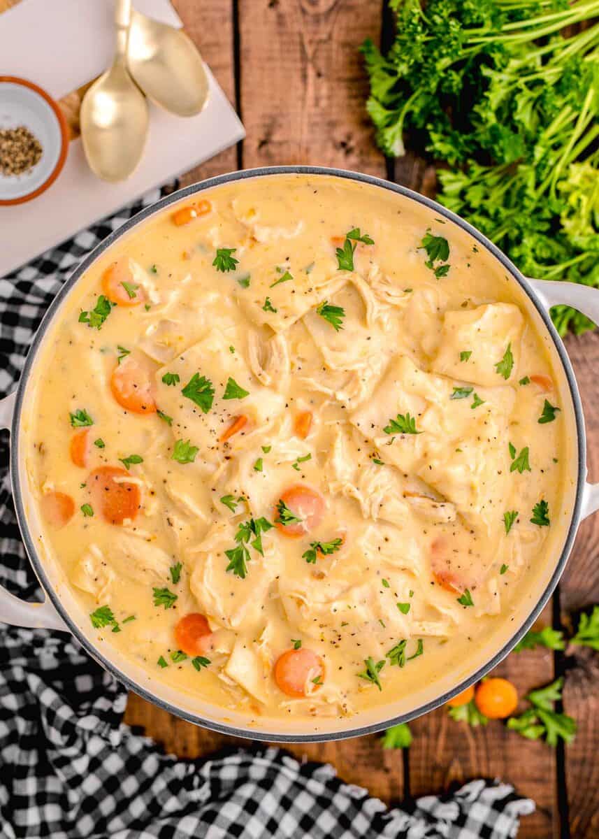 chicken and dumplings with tortillas in a large pot with a black checkered towel and fresh parsley next to it