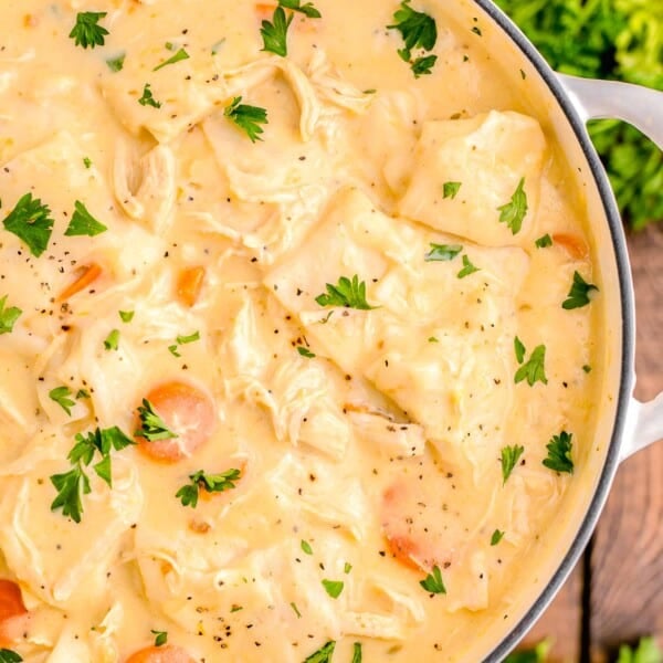 chicken and dumplings with tortillas in a large pot with fresh parsley sprinkled on top