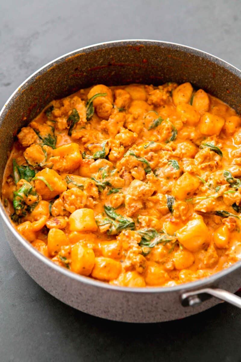 one pan creamy chicken and gnocchi in the skillet