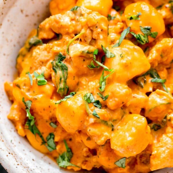 creamy chicken gnocchi in a ceramic speckled bowl with fresh basil sprinkled on top