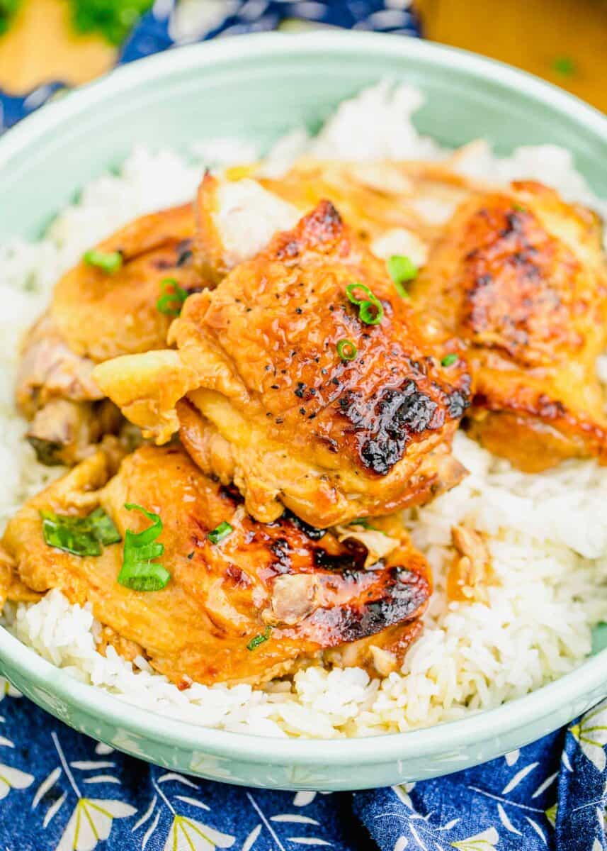 chicken adobo plated on a bed of white rice on a teal plate