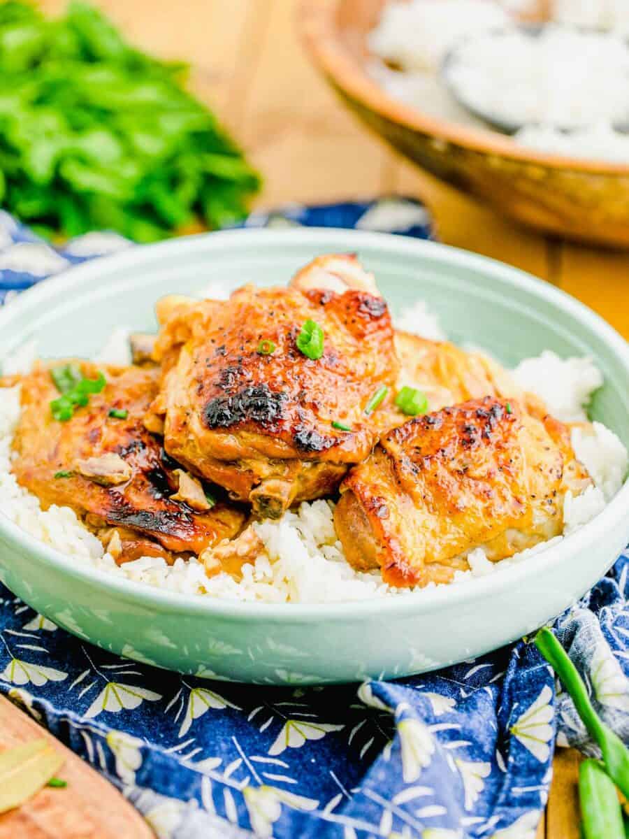 chicken adobo on a bed of white rice in a rimmed teal plate sitting on top of a patterned linen towel