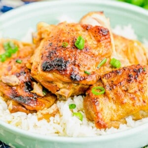 up close image of chicken adobo in a teal plate with a bed of white rice