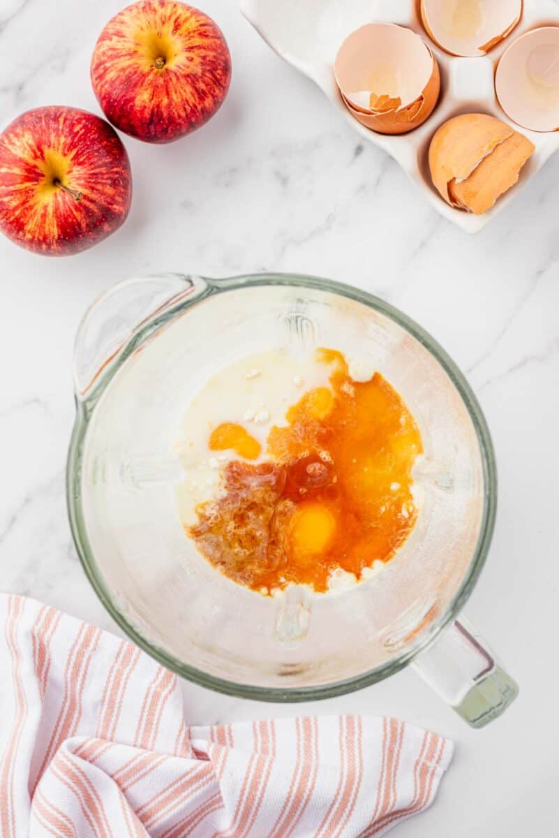 ingredients for dutch baby in a clear blender jar