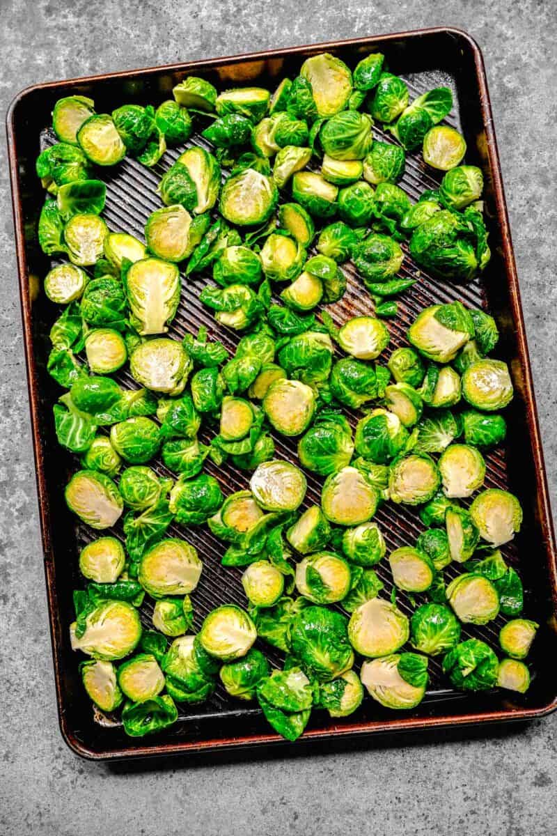 brussels sprouts on a rimmed baking sheet