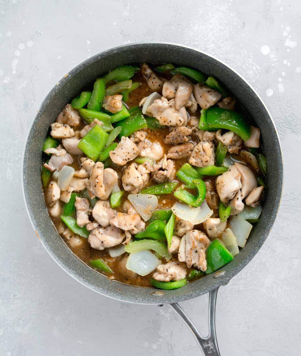 sauce poured into the chicken and vegetable mixture