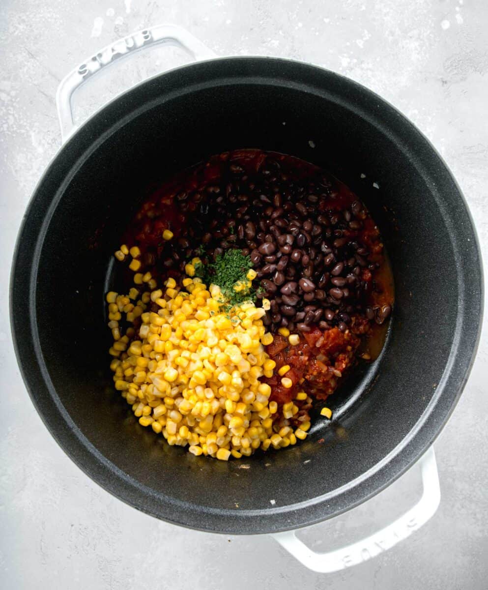 black beans, corn, diced tomatoes, added to the dutch oven