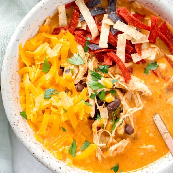 creamy chicken tortilla soup in a bowl with shredded cheese, fresh parsley, and tortilla strips on top