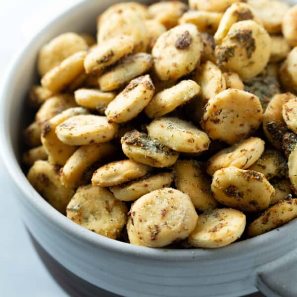 ranch oyster crackers in a ceramic crock