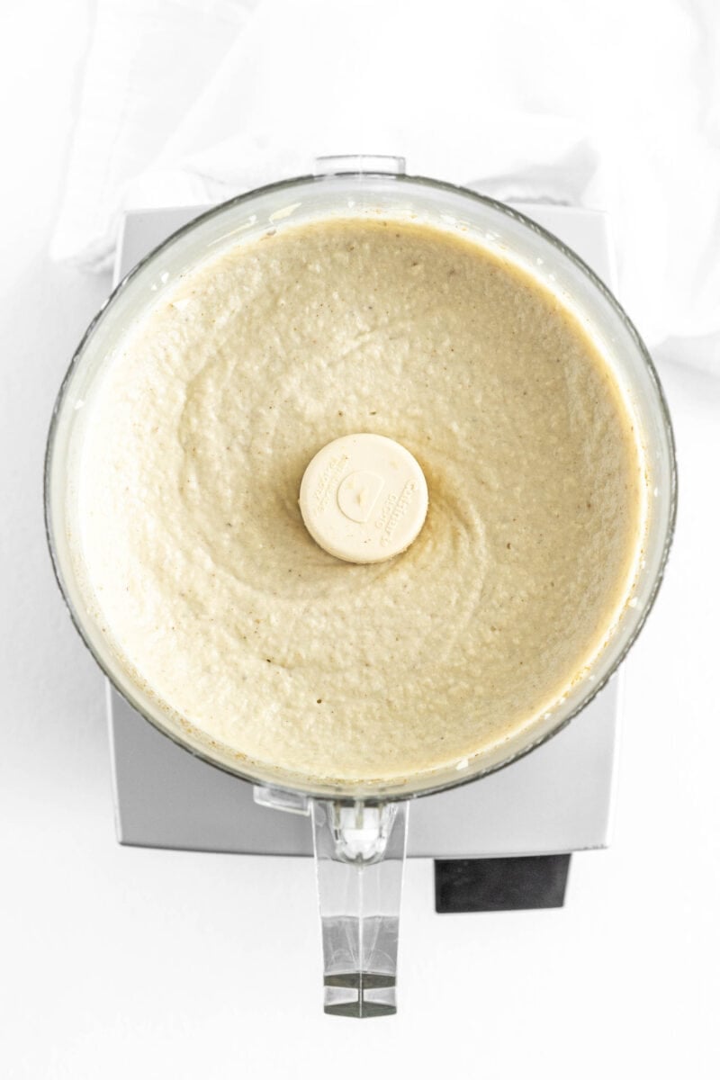 Baba Ganoush has been blended to a smooth consistency in a food processor.